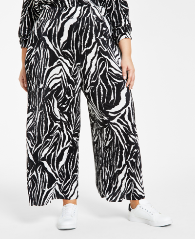 Bar Iii Plus Size Printed Plisse-knit Pull-on Pants, Created For Macy's In Chelsea Zebra