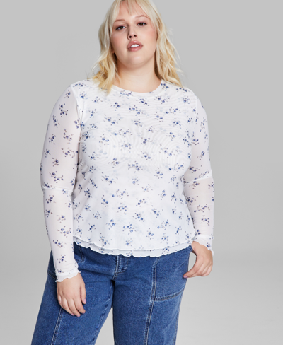 And Now This Trendy Plus Size Floral-print Mesh Long-sleeve Top In Bone Floral