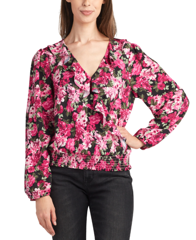 Bcx Juniors' Smocked Surplice Long-sleeve Floral Top In Pat A