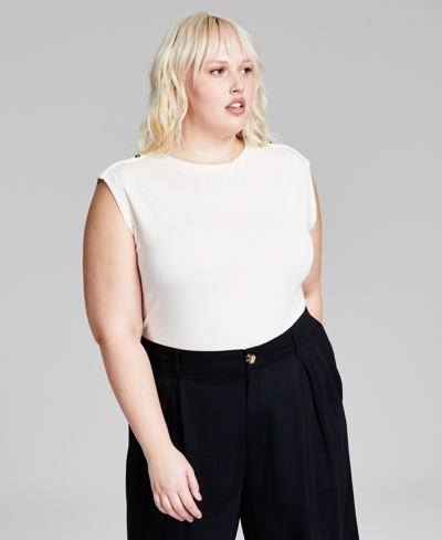 And Now This Trendy Plus Size Button-shoulder Boat-neck Top In Bone