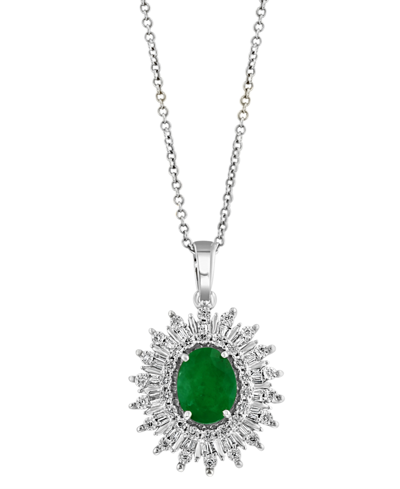 Effy Collection Effy Emerald (1-1/2 Ct. T.w.) & Diamond (1/5 Ct. T.w.) Halo 18" Pendant Necklace In 14k White Gold