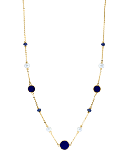 Effy Collection Effy Lapis Lazuli, Freshwater Pearl (4-1/2mm), & Sapphire (3/8 Ct. T.w.) 17" Collar Necklace In 14k In K Gold
