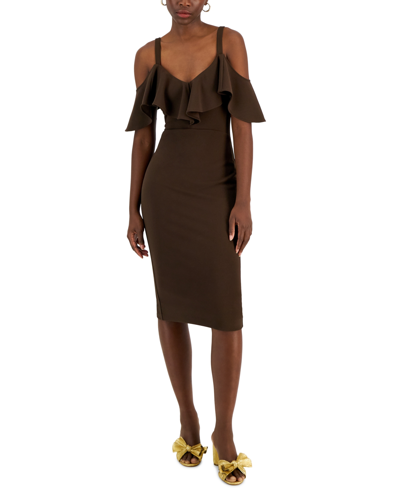 Rachel Rachel Roy Off The Shoulder V-neck Ruffle Dress In Mocha