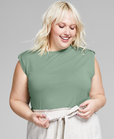 And Now This Trendy Plus Size Button-shoulder Boat-neck Top In Green Pond