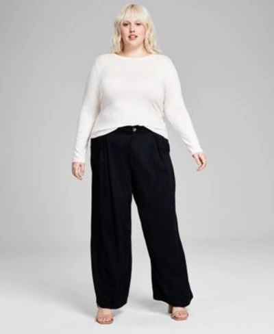 And Now This Now This Trendy Plus Size Button Shoulder Long Sleeve Top Easy Trousers In Black