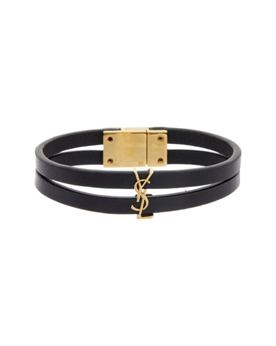 Saint Laurent Cassandre Double-row Leather Bracelet In Black