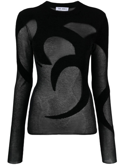 Attico Tribal Intarsia Long-sleeve Chiffon Sweater In Black