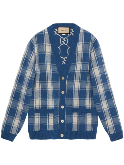 Gucci Reversible Checked Wool Cardigan In Blue,ivory