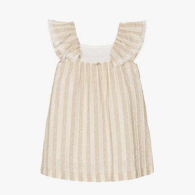 Foque Babies' Girls Beige Striped Cotton Dress