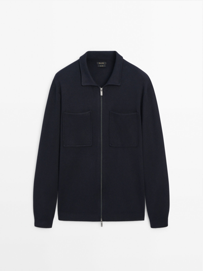 Massimo Dutti Knit Cardigan With Zip And Shirt Collar In Marineblau