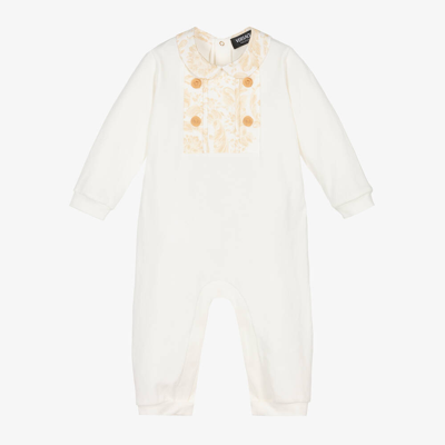 Versace Ivory Cotton Barocco & Medusa Baby Romper In White