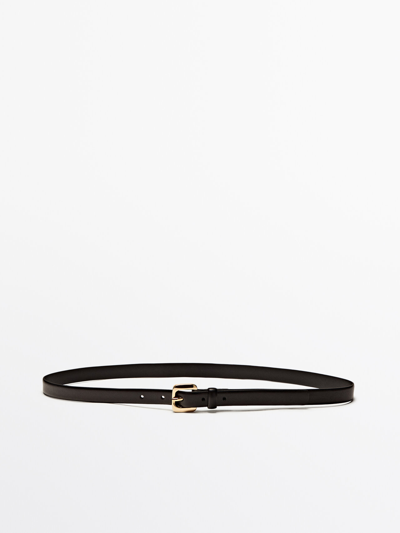 Massimo Dutti Thin Leather Belt With Round Buckle In Black