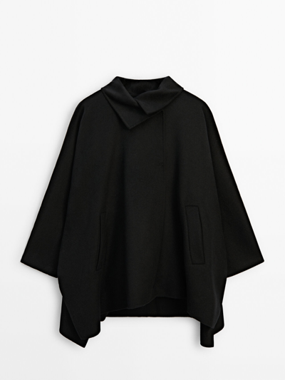 Massimo Dutti Black Wool Blend Cape Coat In Schwarz