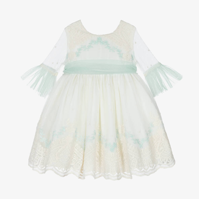 Abuela Tata Babies' Girls Ivory & Green Embroidered Tulle Dress