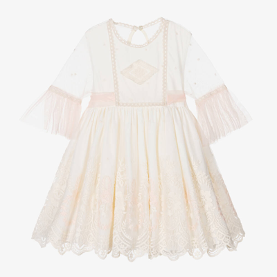 Abuela Tata Babies' Girls Ivory & Pink Embroidered Tulle Dress