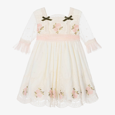 Abuela Tata Babies' Girls Ivory Embroidered Tulle Roses Dress