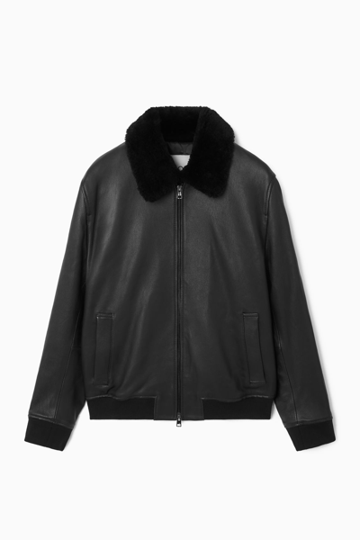 Cos Shearling-trimmed Leather Bomber Jacket In Black