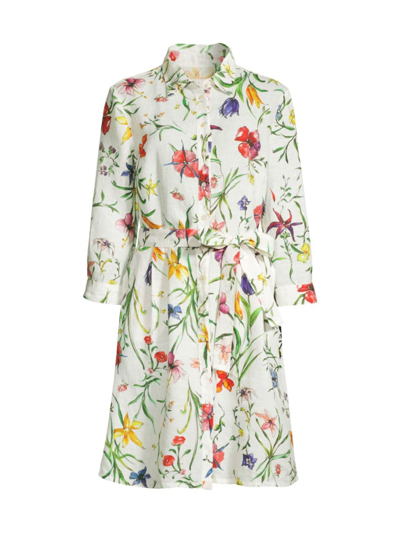 120% Lino Belted Floral-print Linen Midi Shirtdress In Provence