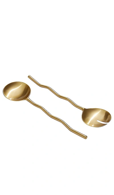 Fazeek Wave Salad Servers Set Of 2 In Matte Brass