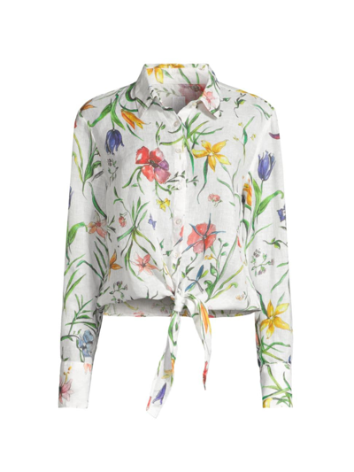 120% Lino Women's Linen Floral Tie Blouse In Provence