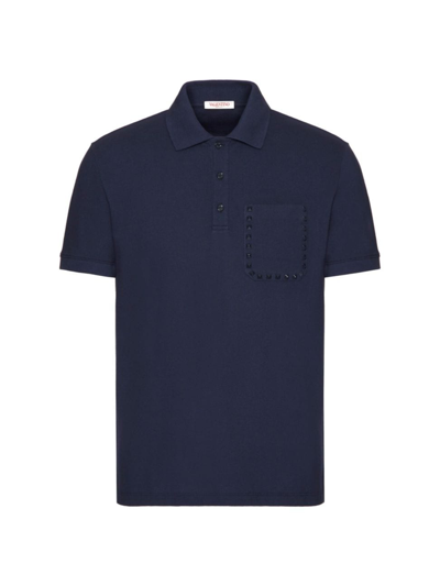 Valentino Men's Cotton Piqué Polo Shirt With Rockstud Untitled Studs In Navy