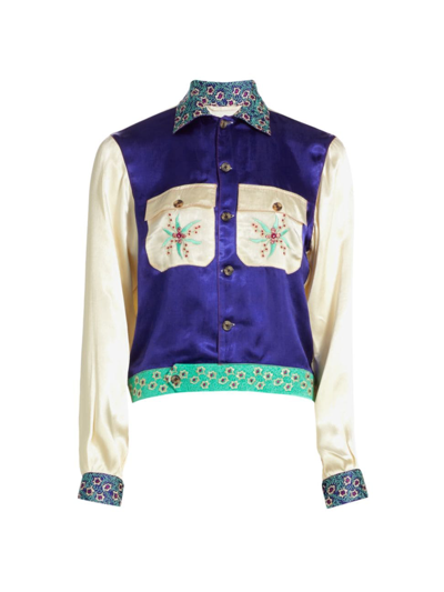 Bode Daisy Never Tell Silk Satin Jacket In Petrol Multi