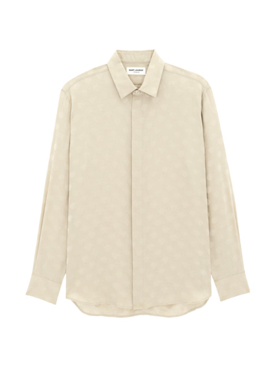 Saint Laurent Men's Shirt In Dotted Shiny And Matte Silk In Creme
