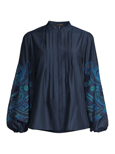Kobi Halperin Reese Silk Embroidered Sleeve Blouse In Blue