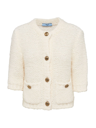 Prada Cropped Bouclé Mohair Cardigan In Off White