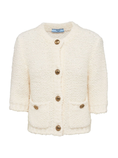 Prada Boucle Elbow-sleeve Cardigan In Off White
