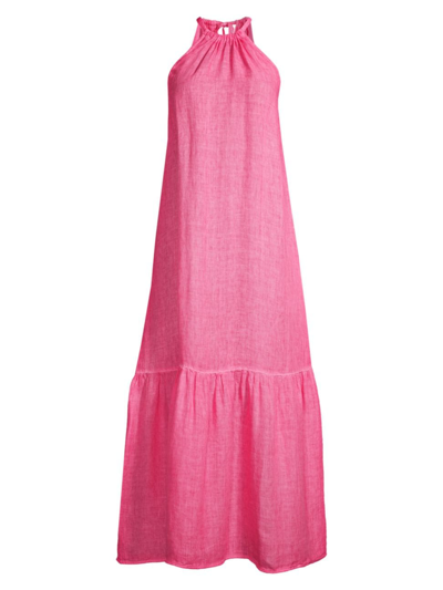 120% Lino Sleeveless Linen Halter Maxi Dress In Fuxia Soft Fade