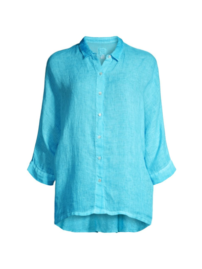 120% Lino Women's Linen Buttoned Shirt In Turquoise Soft Fade