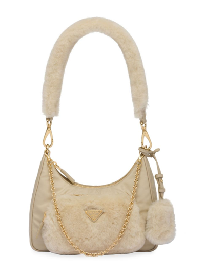Prada Women's Re-nylon And Sheepskin Mini Bag In Beige Khaki