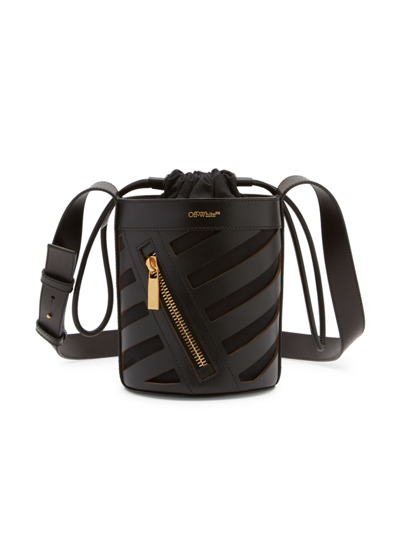 Off-white Cutout Diagonal Leather Bucket Bag In Black
