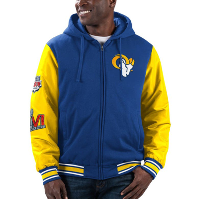 G-iii Sports By Carl Banks Men's  Royal Los Angeles Rams Defender Raglan Full-zip Hoodie Varsity Jack In Royal,gold