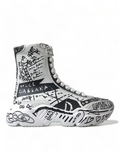 Dolce & Gabbana White Black Graffiti Daymaster Sneakers Shoes In Black And White