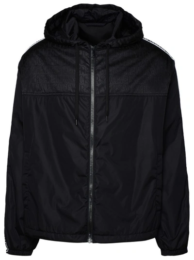 Versace Jacquard-logo Hooded Jacket In Black