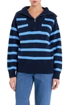 English Factory Stripe Cotton Zip Pullover In Navy/ Blue