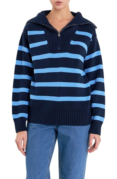 English Factory Stripe Cotton Zip Pullover In Navy/ Blue