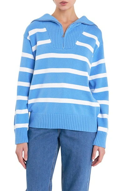 English Factory Stripe Cotton Zip Pullover In Blue/white