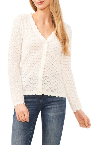 Cece Pointelle V-neck Cotton Blend Cardigan In Antique White