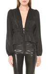 Wayf Kara Tie Front Long Sleeve Peplum Top In Black