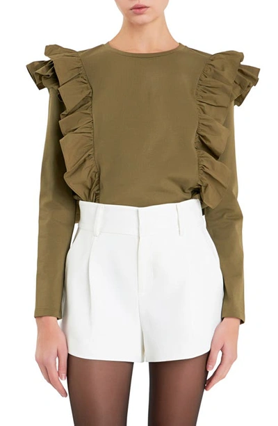 English Factory Women's Poplin Ruffle Detail T-shirt In Olive