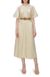 Melloday Puff Sleeve Belted Midi Shirtdress In Light Khaki