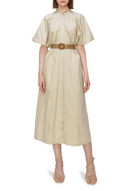 Melloday Puff Sleeve Belted Midi Shirtdress In Light Khaki