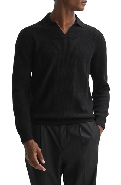 Reiss Malik Open Collar Wool Polo Sweater In Black
