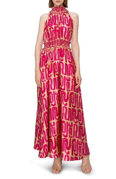 Melloday Geo Mock Neck Maxi Dress In Taupe Magenta