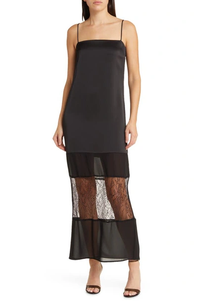 Wayf Rhea Lace Inset Satin Slipdress In Black