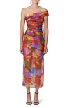 Carolina Herrera Floral One-shoulder Ruched Midi Dress With Shoulder Sash In Lacquer Red Multi