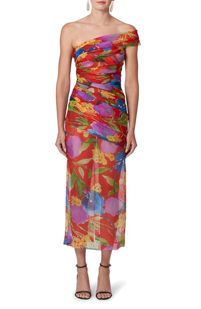 Carolina Herrera Floral One-shoulder Ruched Midi Dress With Shoulder Sash In Lacquer Red Multi